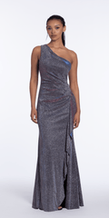 Two Tone Metallic One Shoulder Column Dress with Side Cascade