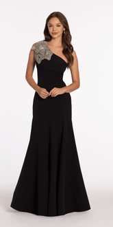 Jersey One Shoulder Mermaid Dress with Beaded Floral Applique