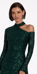 Sequin Long Sleeve One Cold Shoulder Column Dress