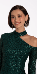 Sequin Long Sleeve One Cold Shoulder Column Dress