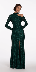 Sequin Long Sleeve One Cold Shoulder Column Dress