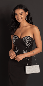 Lace Up Back Strapless Scuba Trumpet Dress with Rhinestone Detail