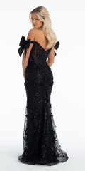 Mesh Off the Shoulder Stone Corset Trumpet Dress with 3 D Appliques