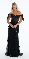 Mesh Off the Shoulder Stone Corset Trumpet Dress with 3 D Appliques