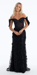 Mesh Off the Shoulder Stone Corset Trumpet Dress with 3 D Appliques