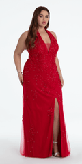 Embroidered Plunging Corset Mesh Halter Dress