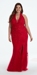 Embroidered Plunging Corset Mesh Halter Dress