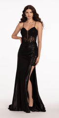 Plunging Embellished Corset Glitter Column Dress