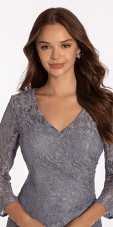 Lace V Neck 3/4Sleeve Column Dress with Ruching