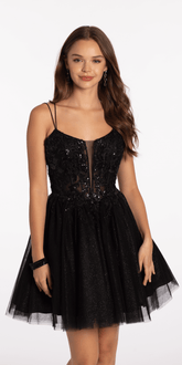 Mesh Plunge Fit and Flare Dress with Beaded Appliques
