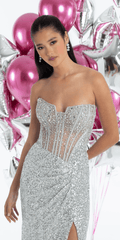 Sequin Strapless Corset Knit Column Dress with Ruching