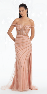 Mesh Rhinestone Linear Stripe Off the Shoulder Trumpet Dress