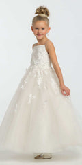 Satin Floral Applique Fit and Flare Flower Girl Dress