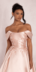 Beaded Mikado Off the Shoulder Ballgown with Pockets and Princess Pleats