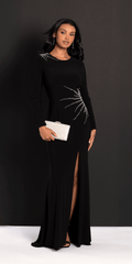 Sunburst Beaded Jersey Long Sleeve Jewel Neck Column Dress