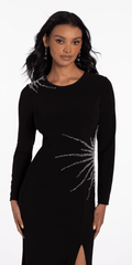 Sunburst Beaded Jersey Long Sleeve Jewel Neck Column Dress