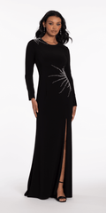 Sunburst Beaded Jersey Long Sleeve Jewel Neck Column Dress
