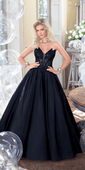 Taffeta Plunge Beaded Ballgown with Detachable Bow and Pockets