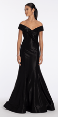 Pleated Off the Shoulder Sateen Trumpet Dress with Sweep Train