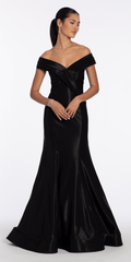 Pleated Off the Shoulder Sateen Trumpet Dress with Sweep Train