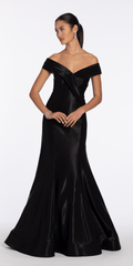 Pleated Off the Shoulder Sateen Trumpet Dress with Sweep Train