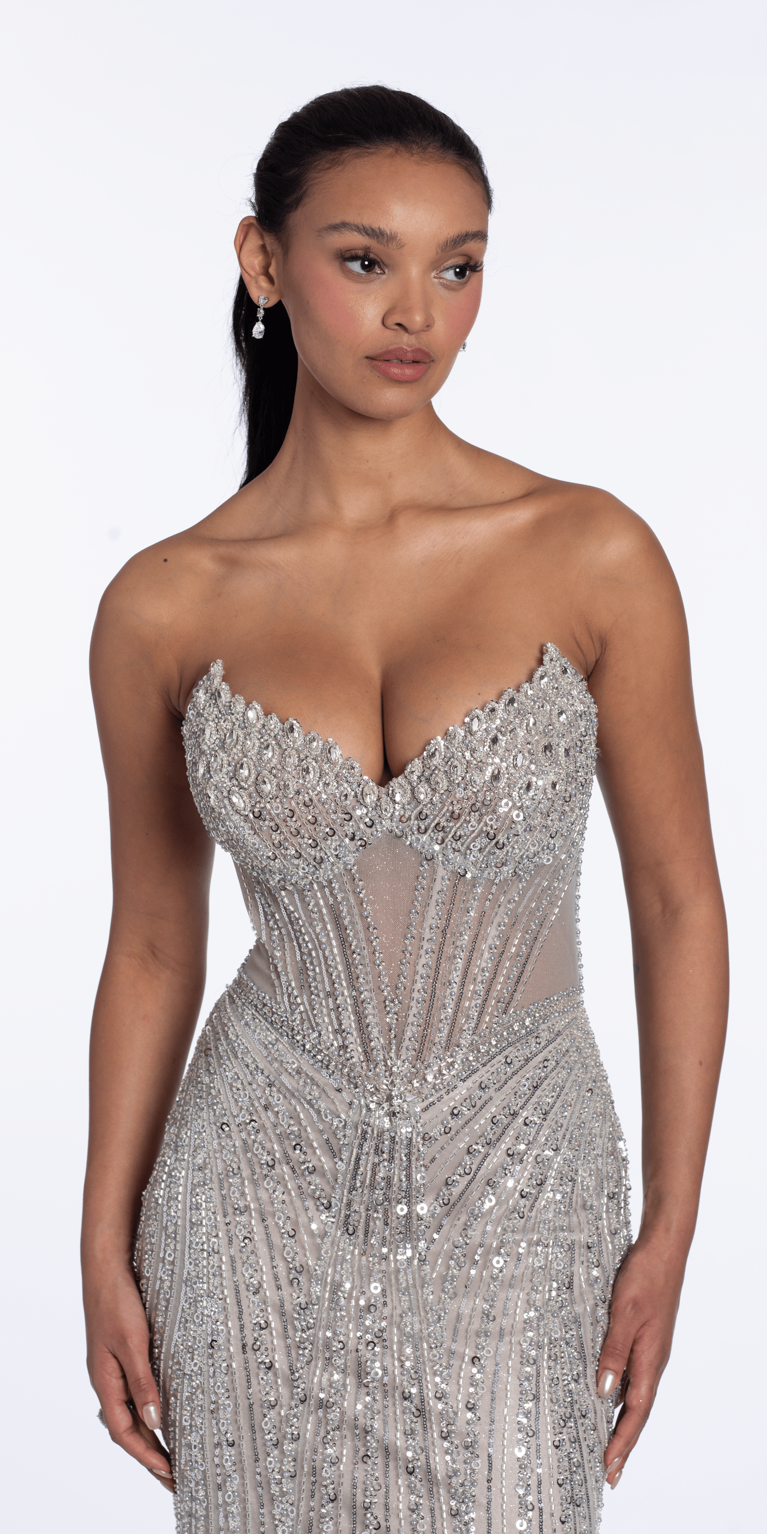 Rhinestone Beaded Illusion Strapless Corset Column Dress