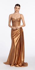 Satin Embellished Corset Column Dress with Side Drape