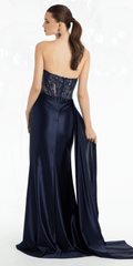 Satin Embroidered Strapless Column Dress with Side Drape