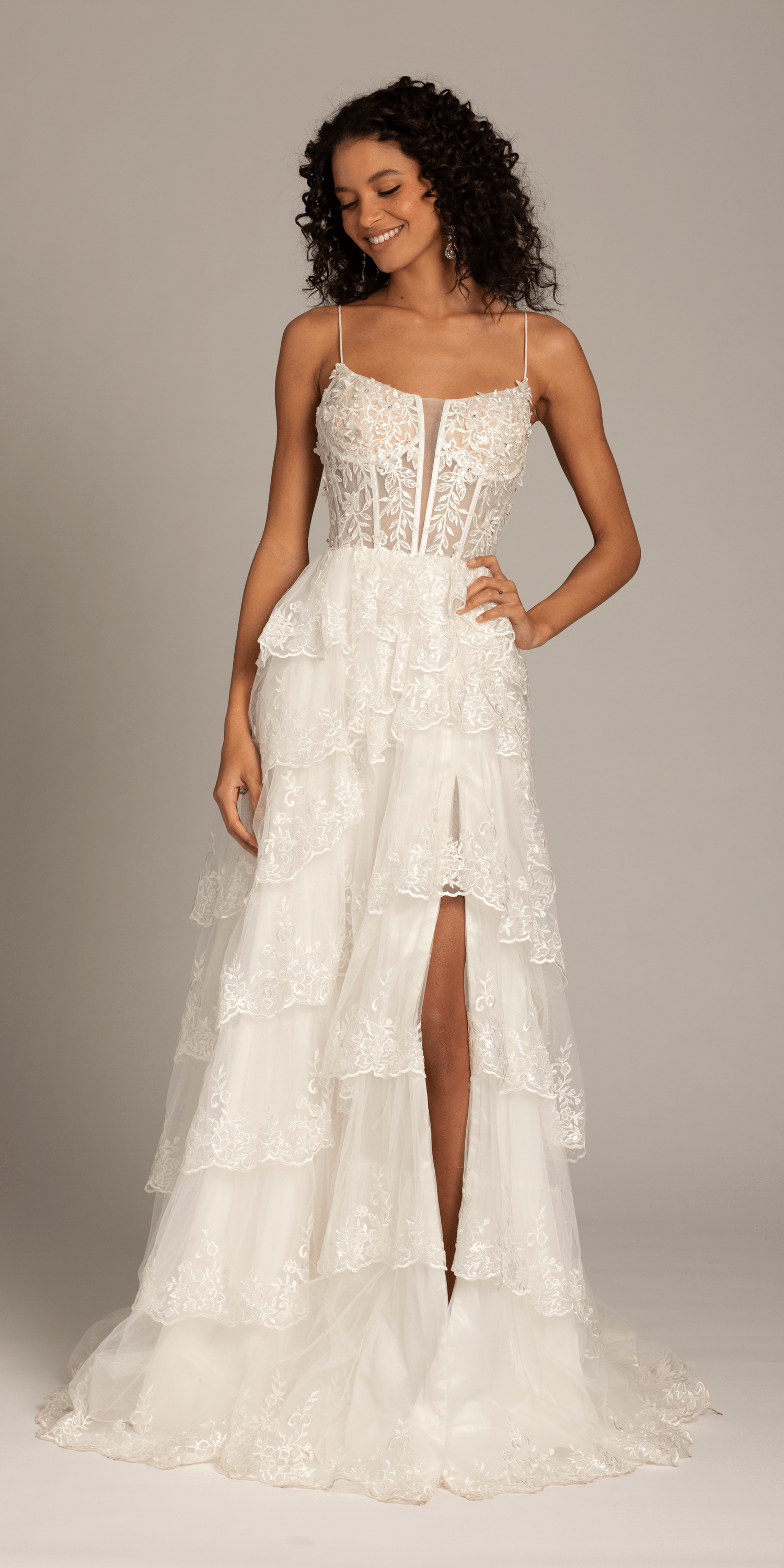 Embellished Corset Tiered Tulle Dress with Side Slit