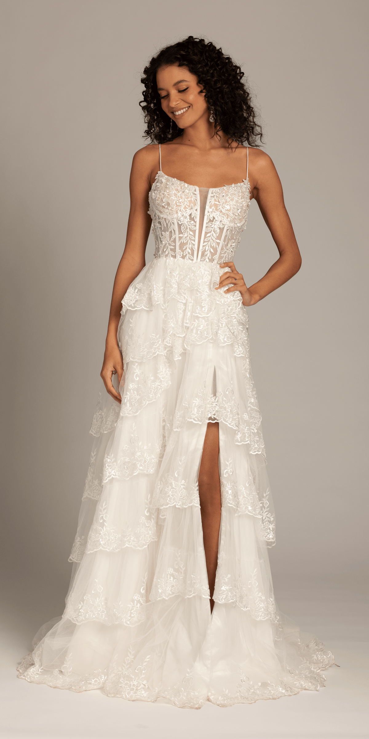 Embellished Corset Tiered Tulle Dress with Side Slit