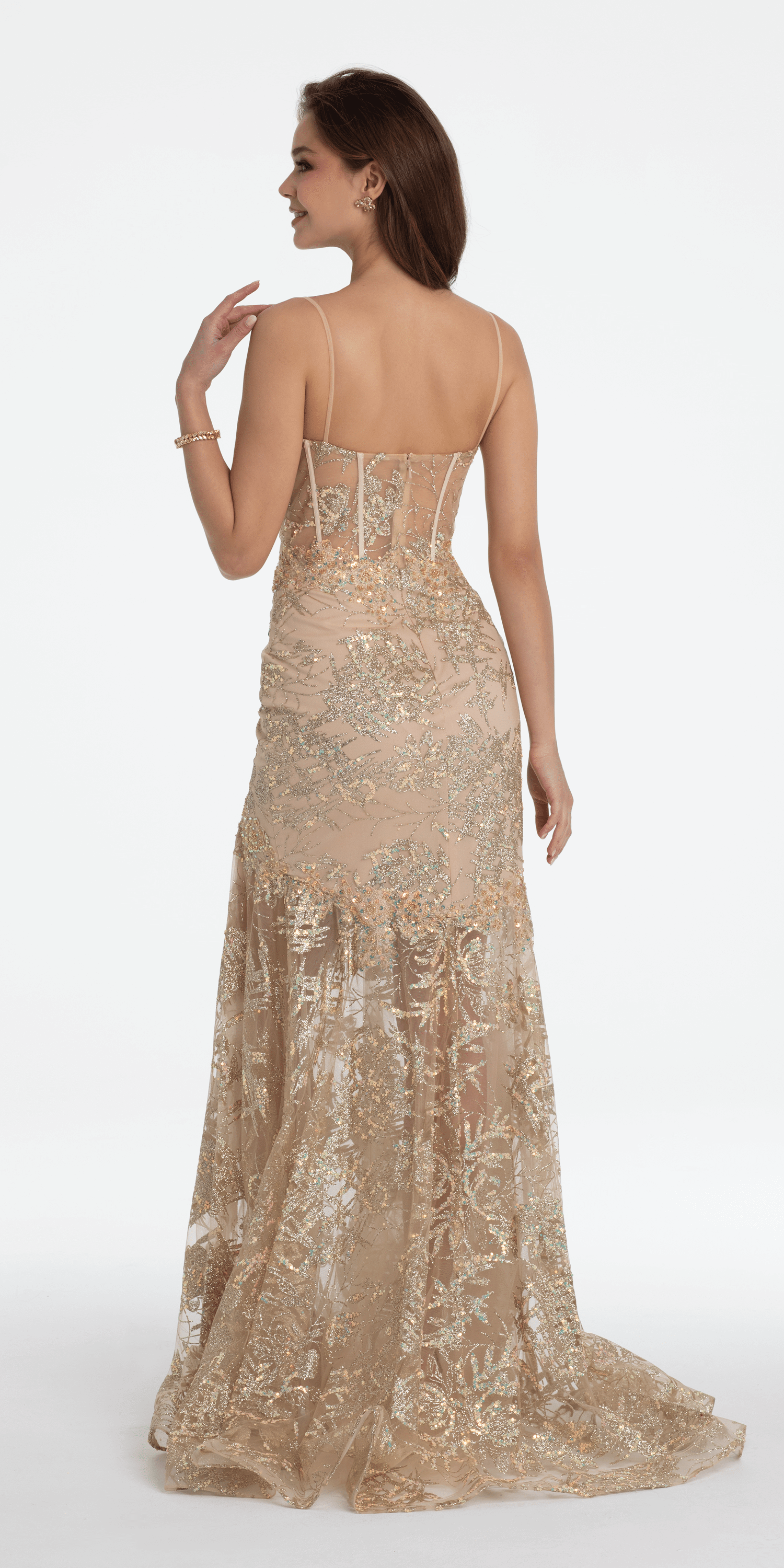 Illusion Plunge Corset Beaded Trumpet Dress