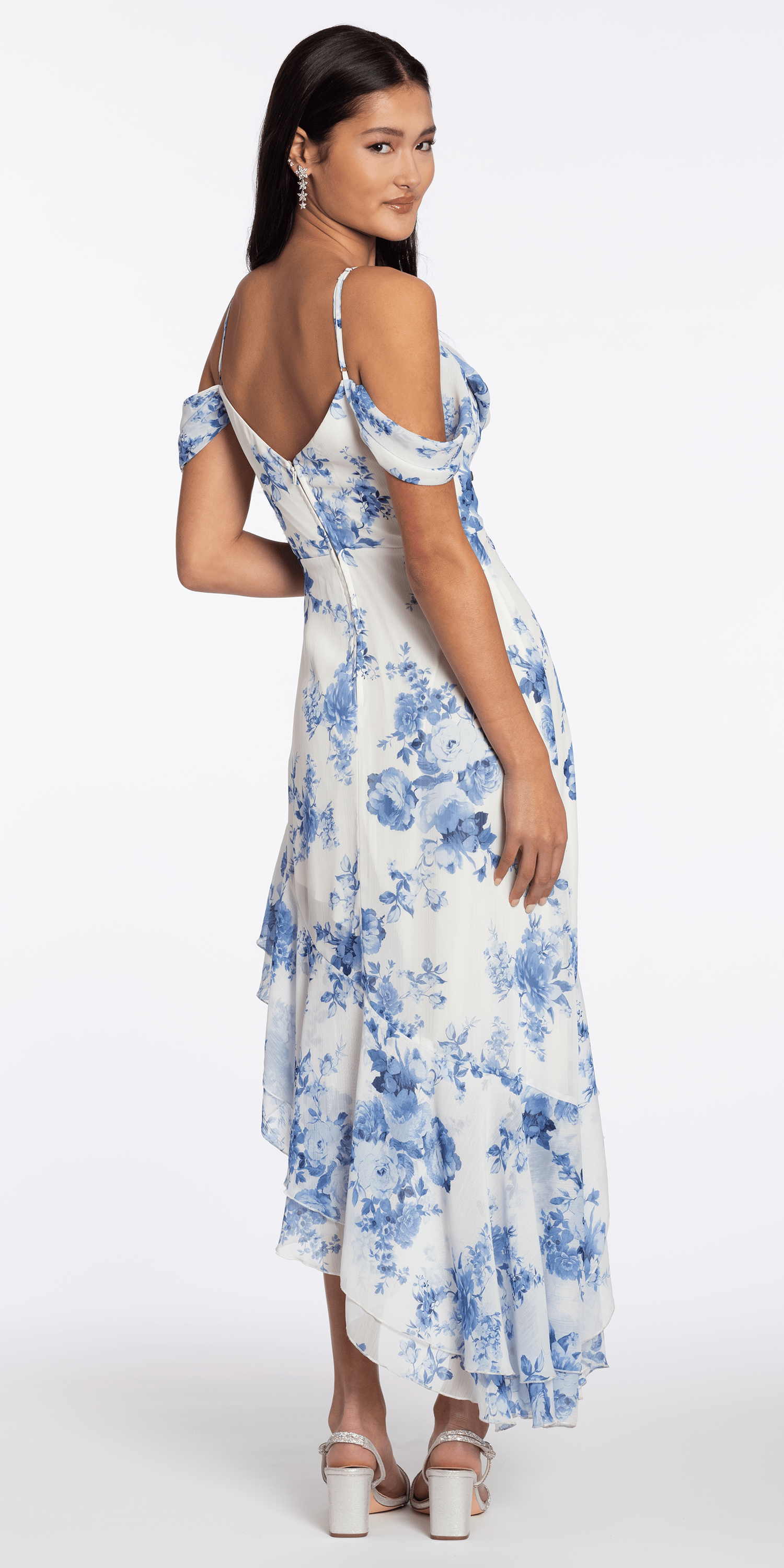Floral Print Chiffon Off the Shoulder High Low Dress
