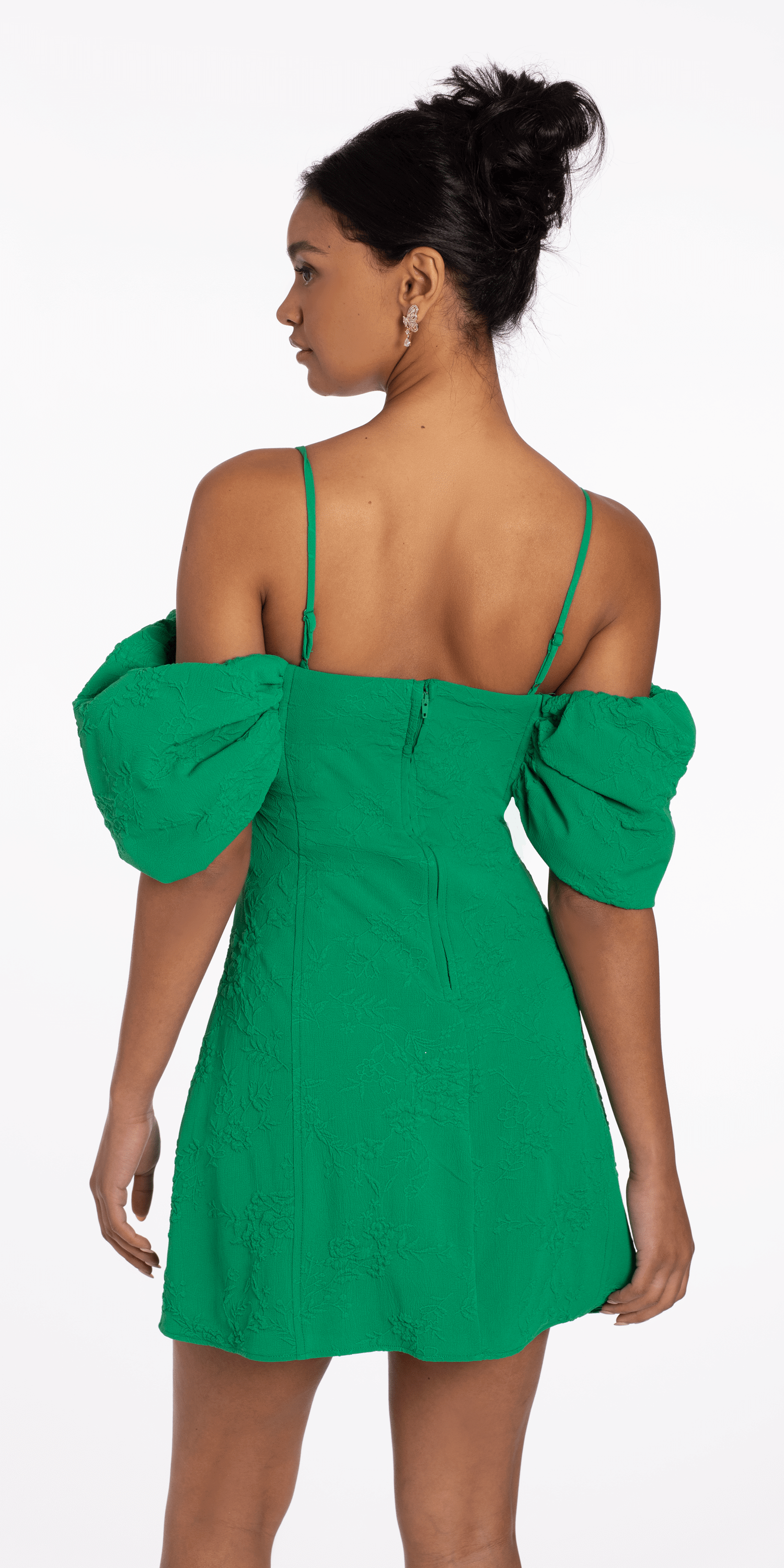 Knit Jacquard Plunge Puff Sleeve Fit and Flare Dress
