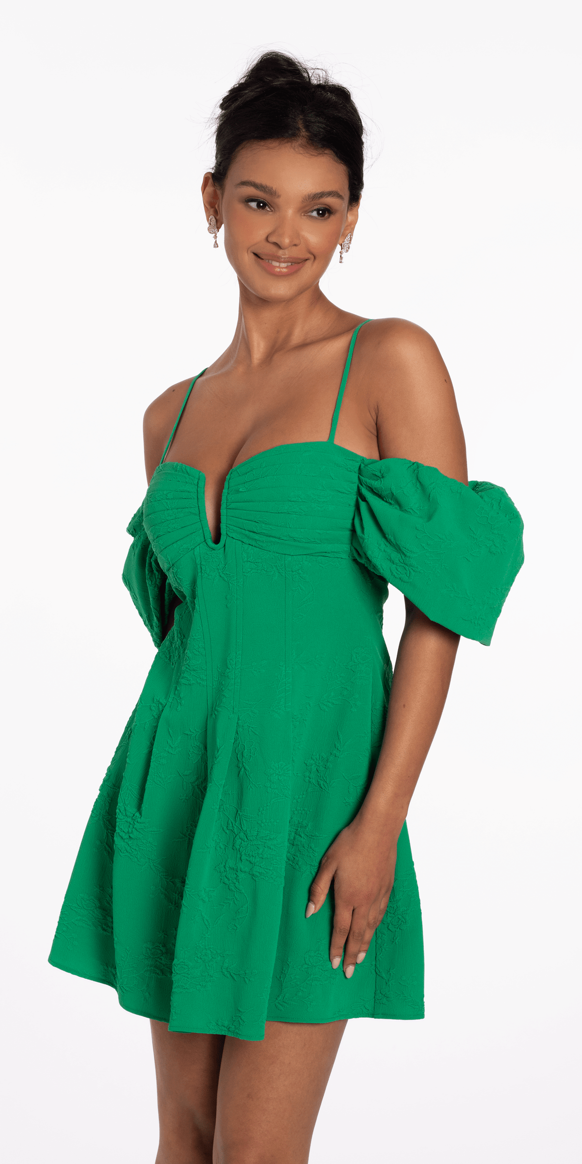 Knit Jacquard Plunge Puff Sleeve Fit and Flare Dress