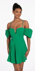 Knit Jacquard Plunge Puff Sleeve Fit and Flare Dress