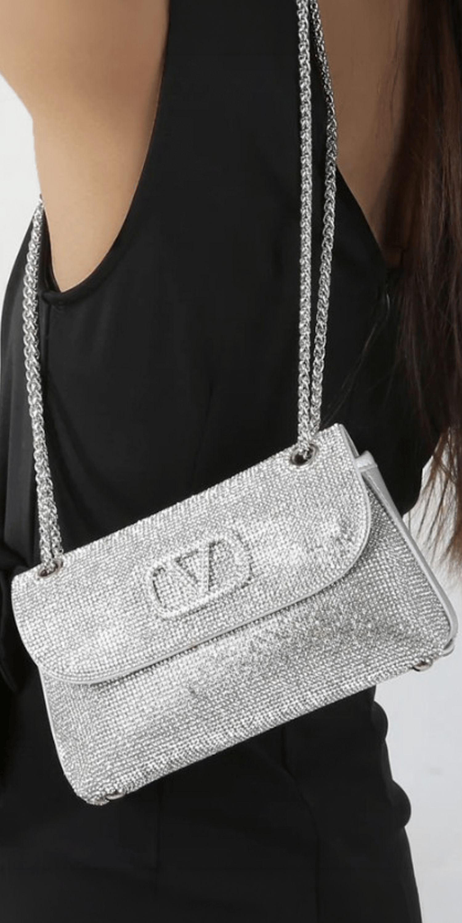 Rhinestone-1/2 Flap Handbag with Chain Link Strap