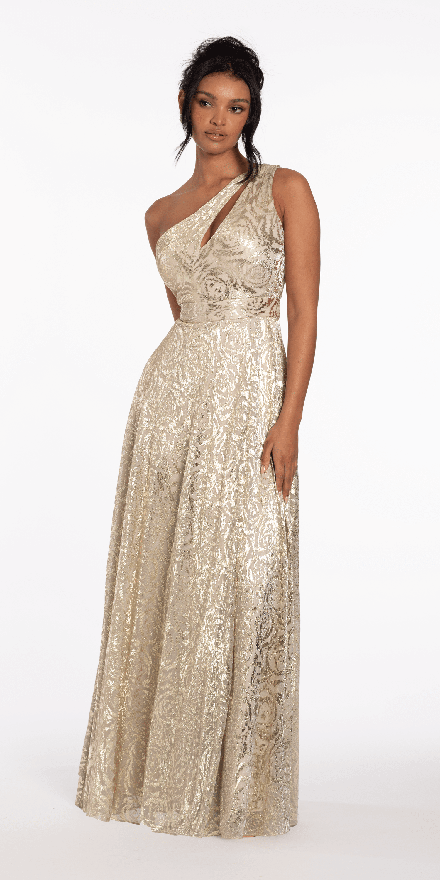 Foil Jacquard One Shoulder A Line Dress with Keyhole