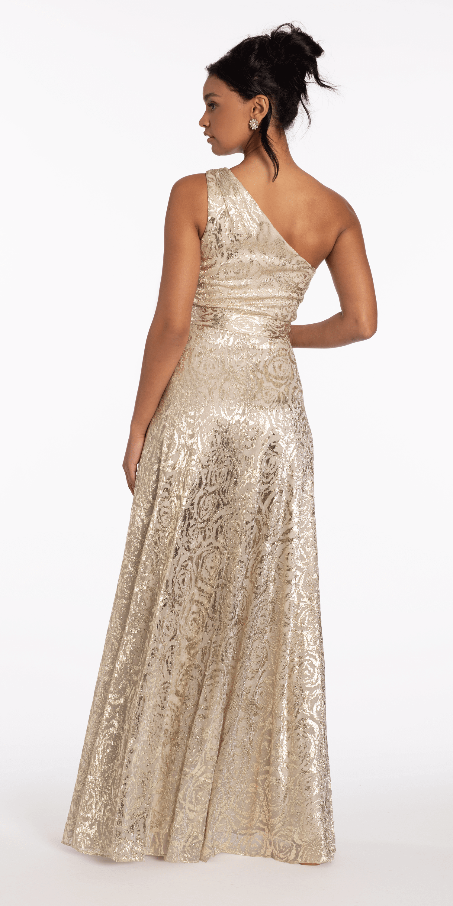 Foil Jacquard One Shoulder A Line Dress with Keyhole