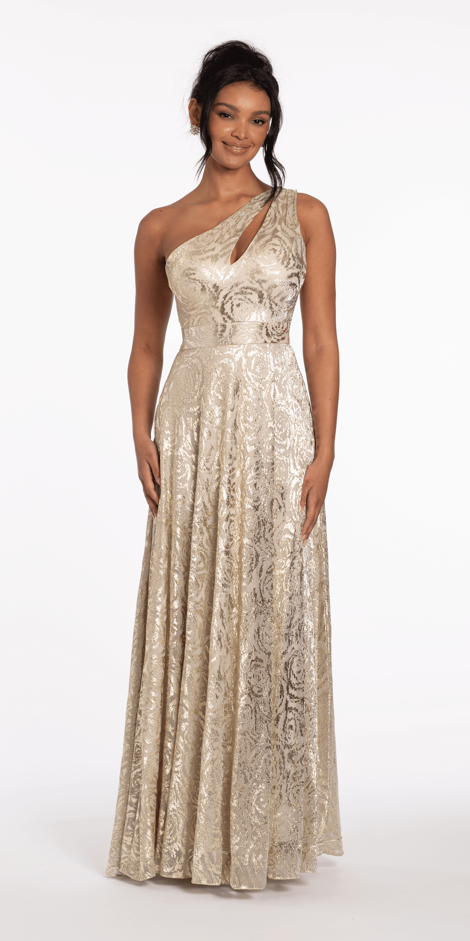 Foil Jacquard One Shoulder A Line Dress with Keyhole