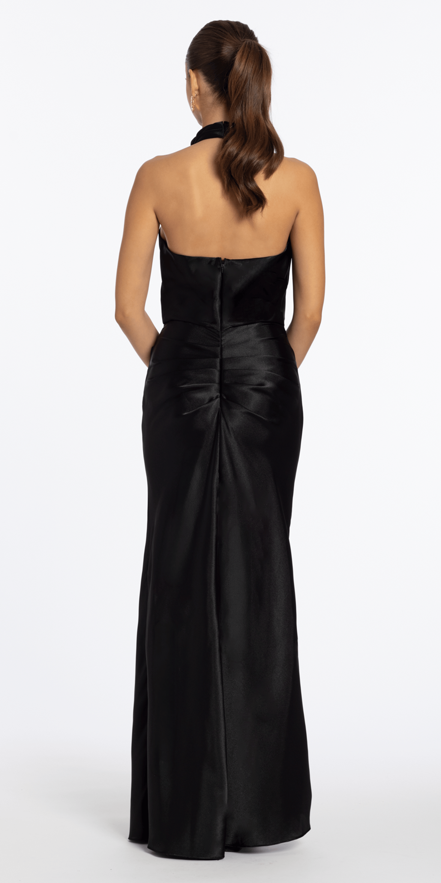 Satin Cowl Neck Halter Column Dress with Side Ruching