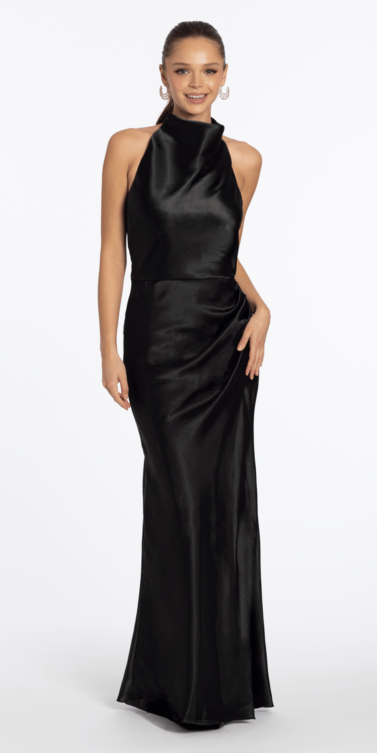 Satin Cowl Neck Halter Column Dress with Side Ruching