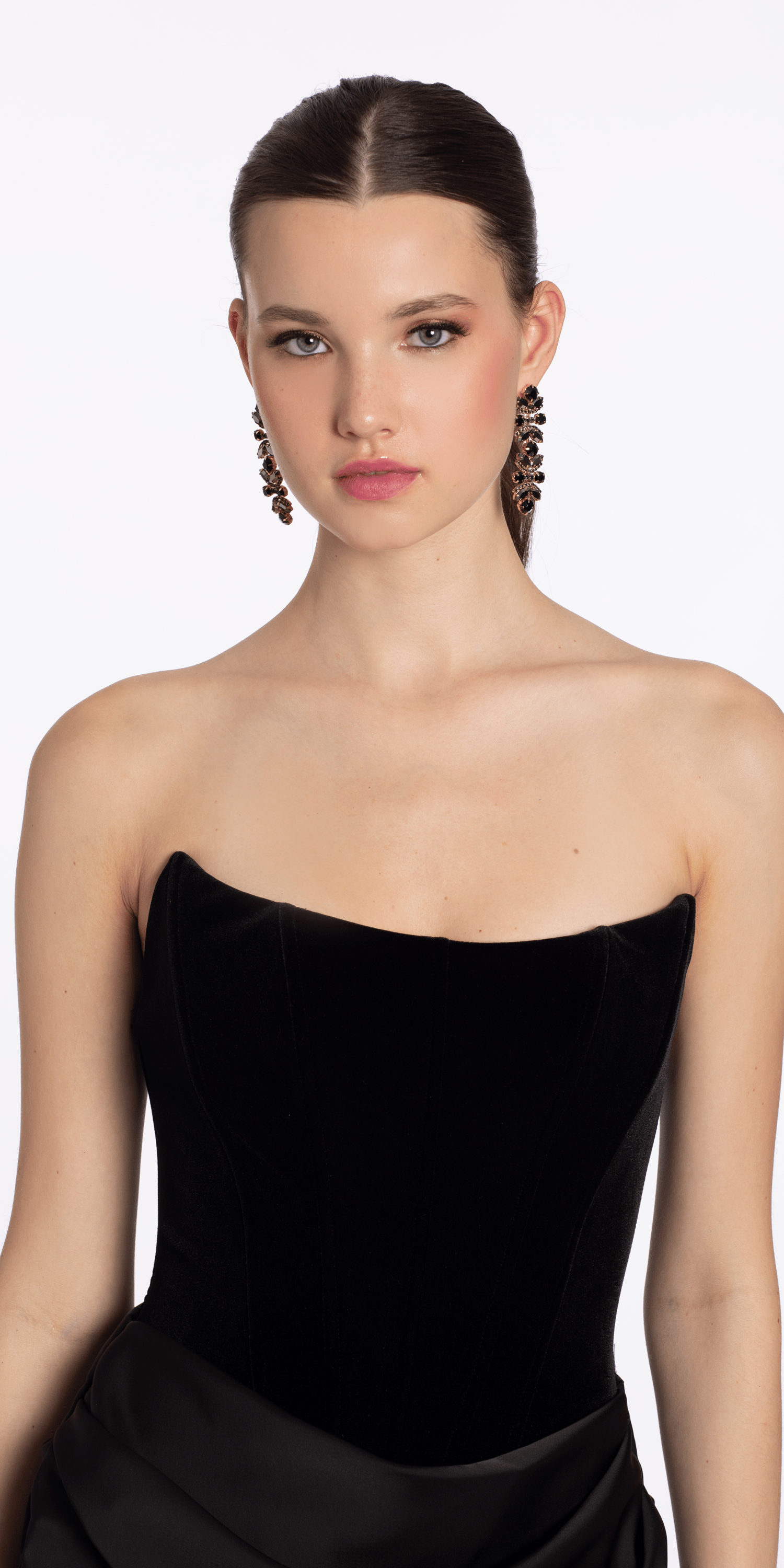 Strapless Velvet Corset Satin Column Dress with Ruching