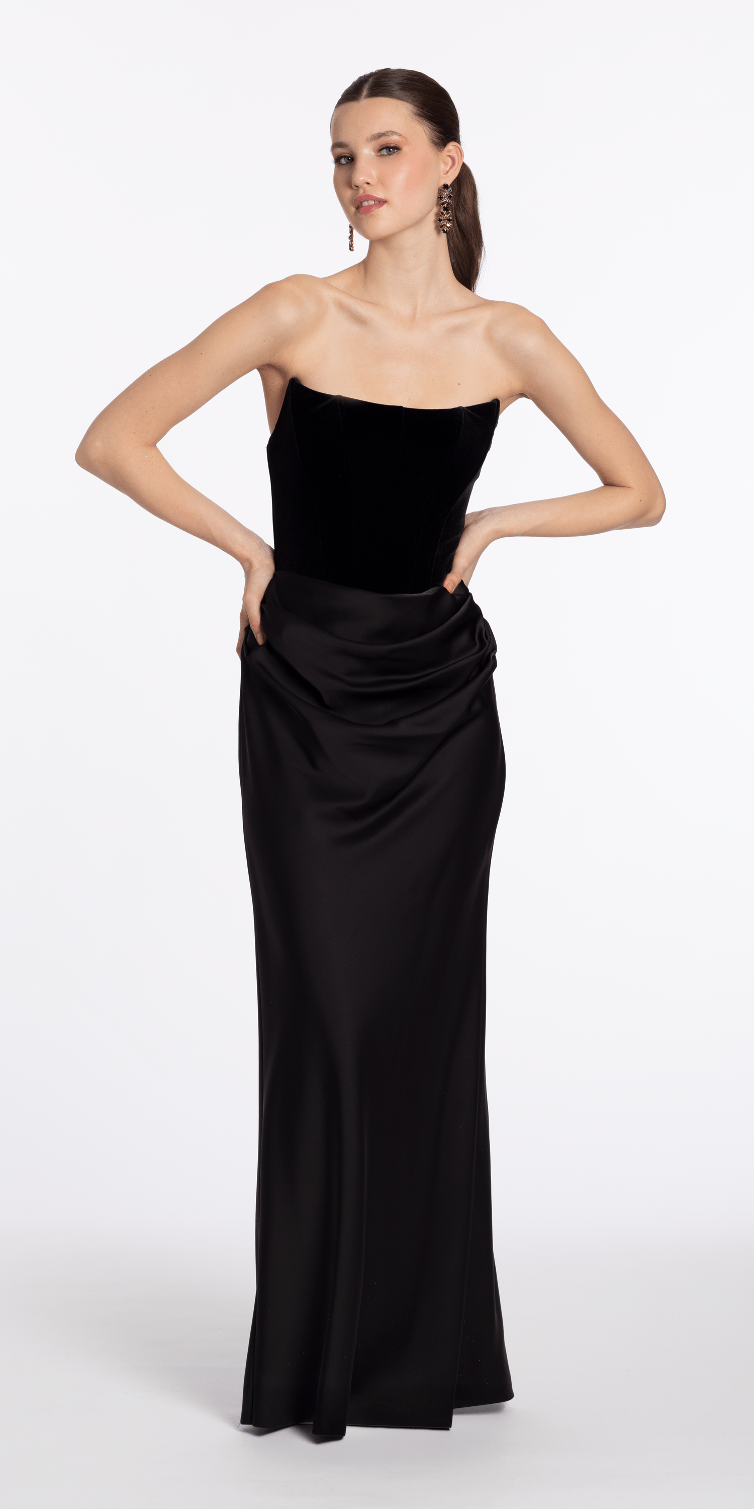 Strapless Velvet Corset Satin Column Dress with Ruching