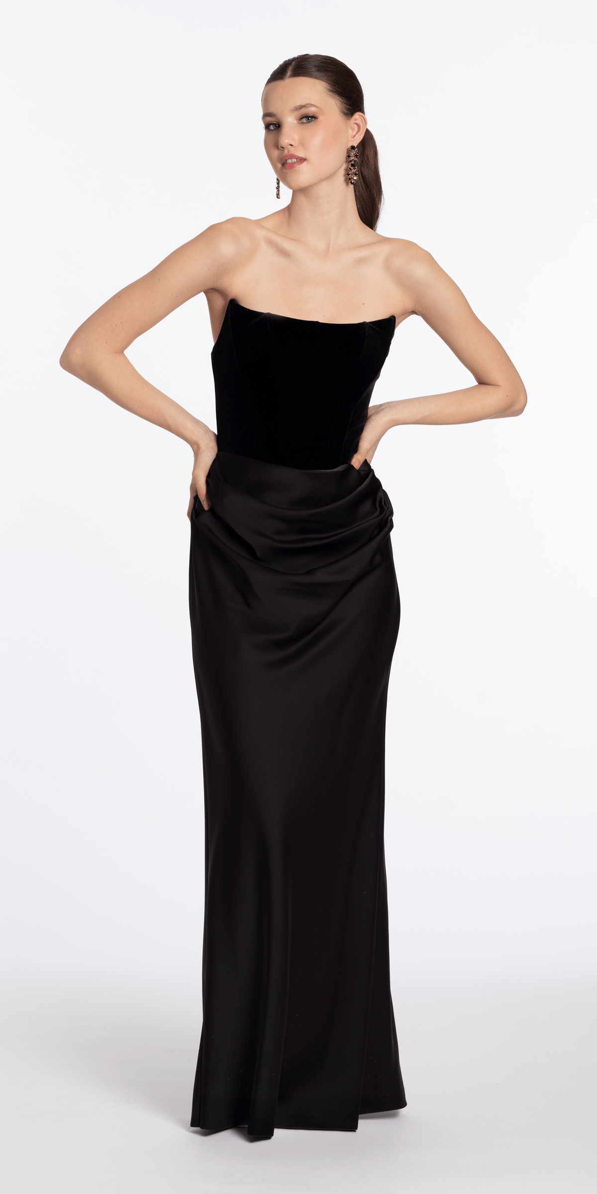 Strapless Velvet Corset Satin Column Dress with Ruching