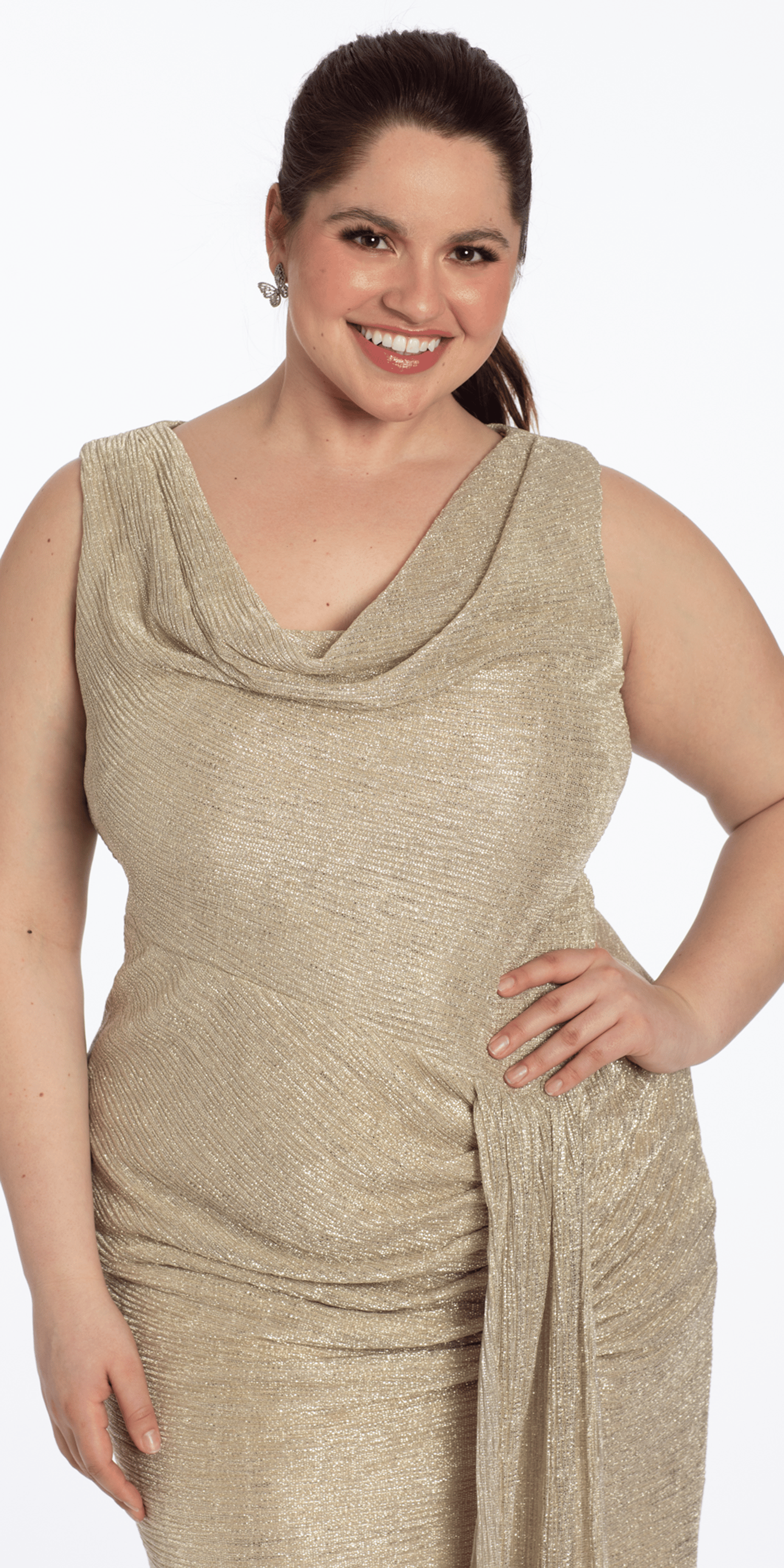 Metallic Cowl Neck Column Dress with Ruching and Tendril