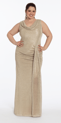 Metallic Cowl Neck Column Dress with Ruching and Tendril