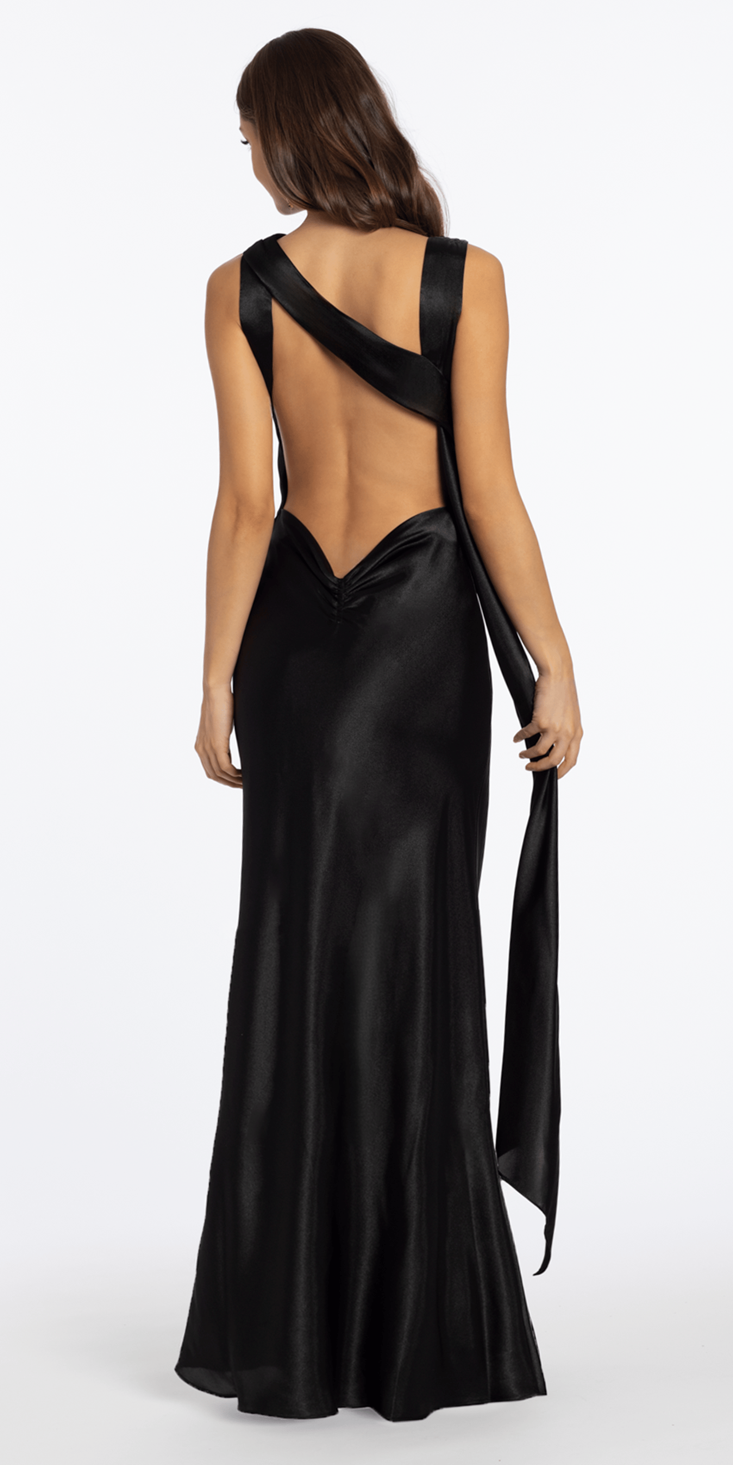 Satin Cowl Neck Open Back Column Dress