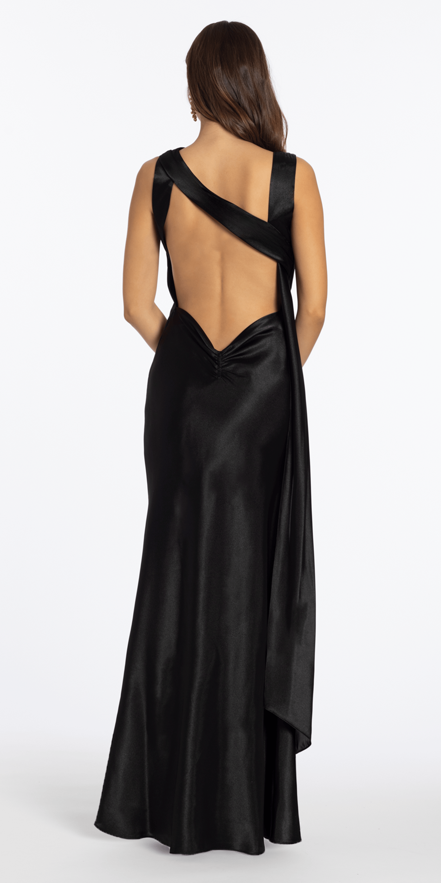 Satin Cowl Neck Open Back Column Dress