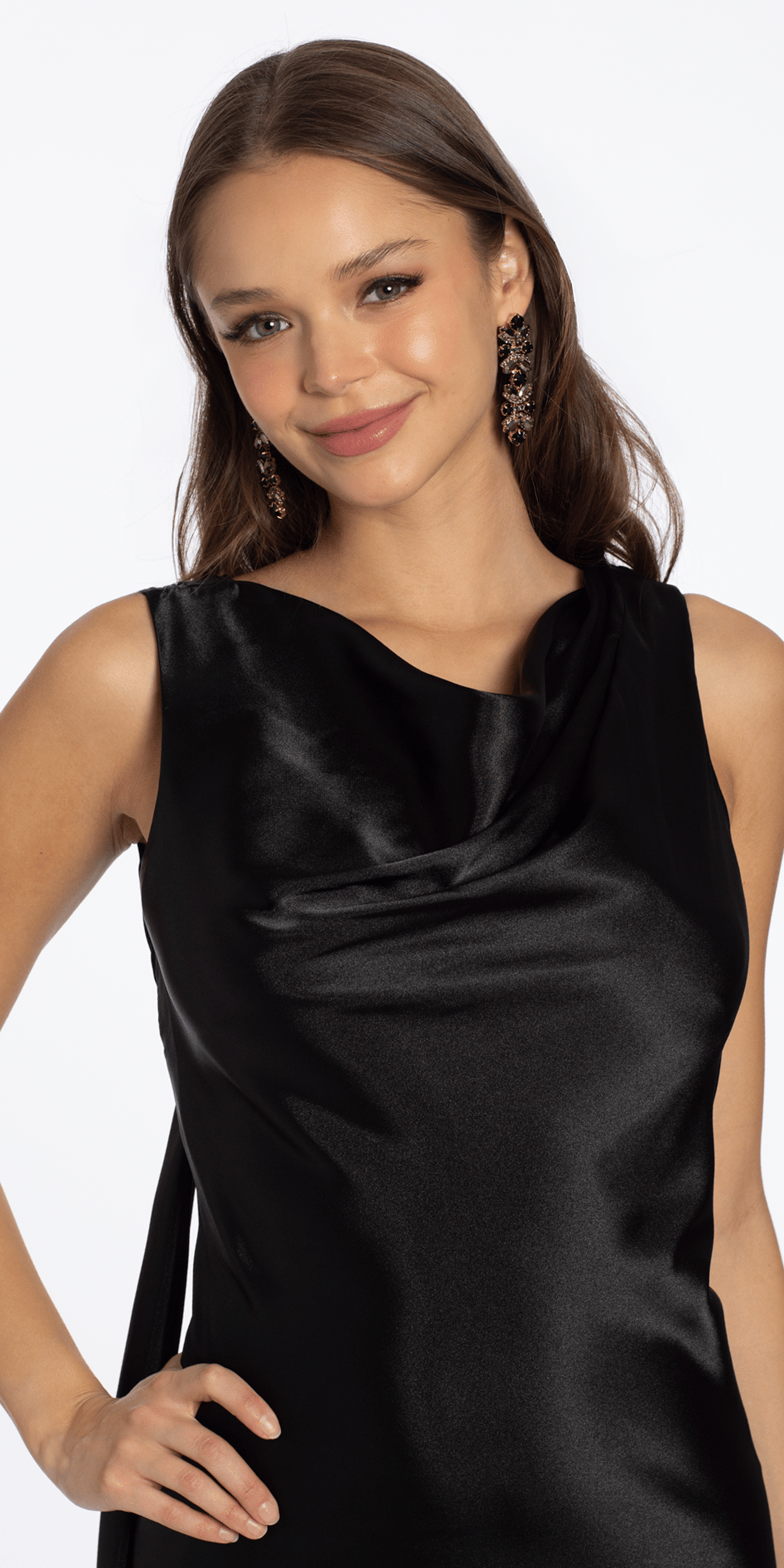 Satin Cowl Neck Open Back Column Dress