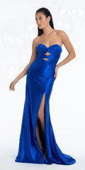 Strapless Satin Sweetheart Trumpet Dress with Peek-a-Boo Bodice and Heat Set Stones